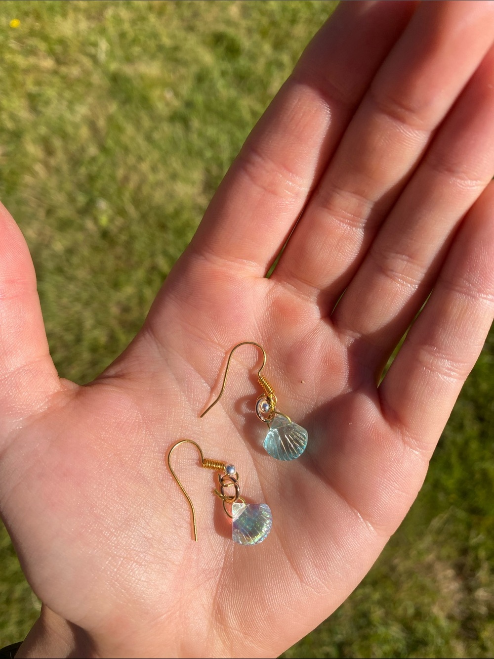 Gold Drop Earrings with Aqua Crystal Shell Charms